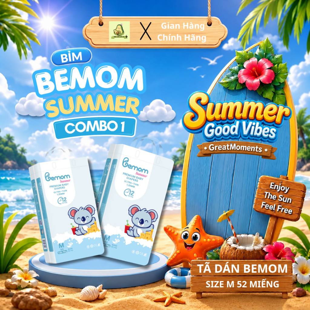 Tã/Bỉm Dán Bemom Summer chính hãng, mềm mỏng thoáng khí Size M 52 miếng