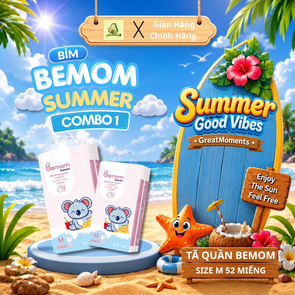 Tã/Bỉm Quần Bemom Summer chính hãng, mềm mỏng thoáng khí Size M 52 miếng