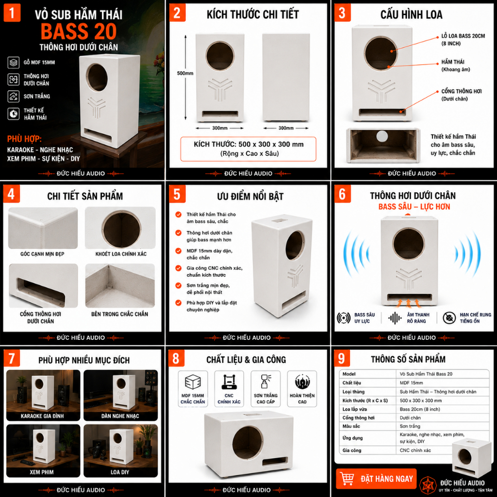 Vỏ loa sub hầm bass 20 đã sơn sần gỗ mdf 15mm khuếch đại âm thanh cực khủng