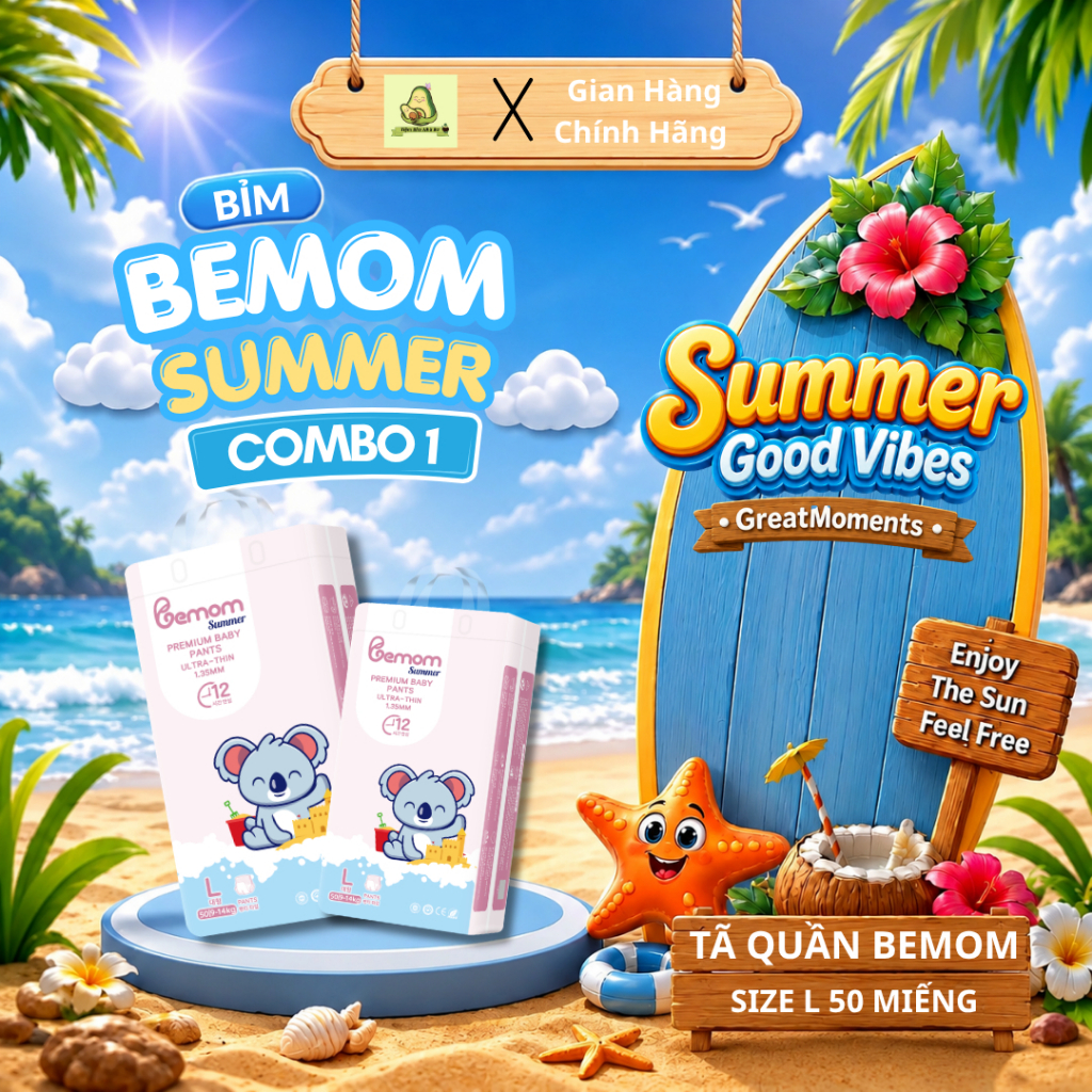 Tã/Bỉm Quần Bemom Summer chính hãng, mềm mỏng thoáng khí Size L 50 miếng