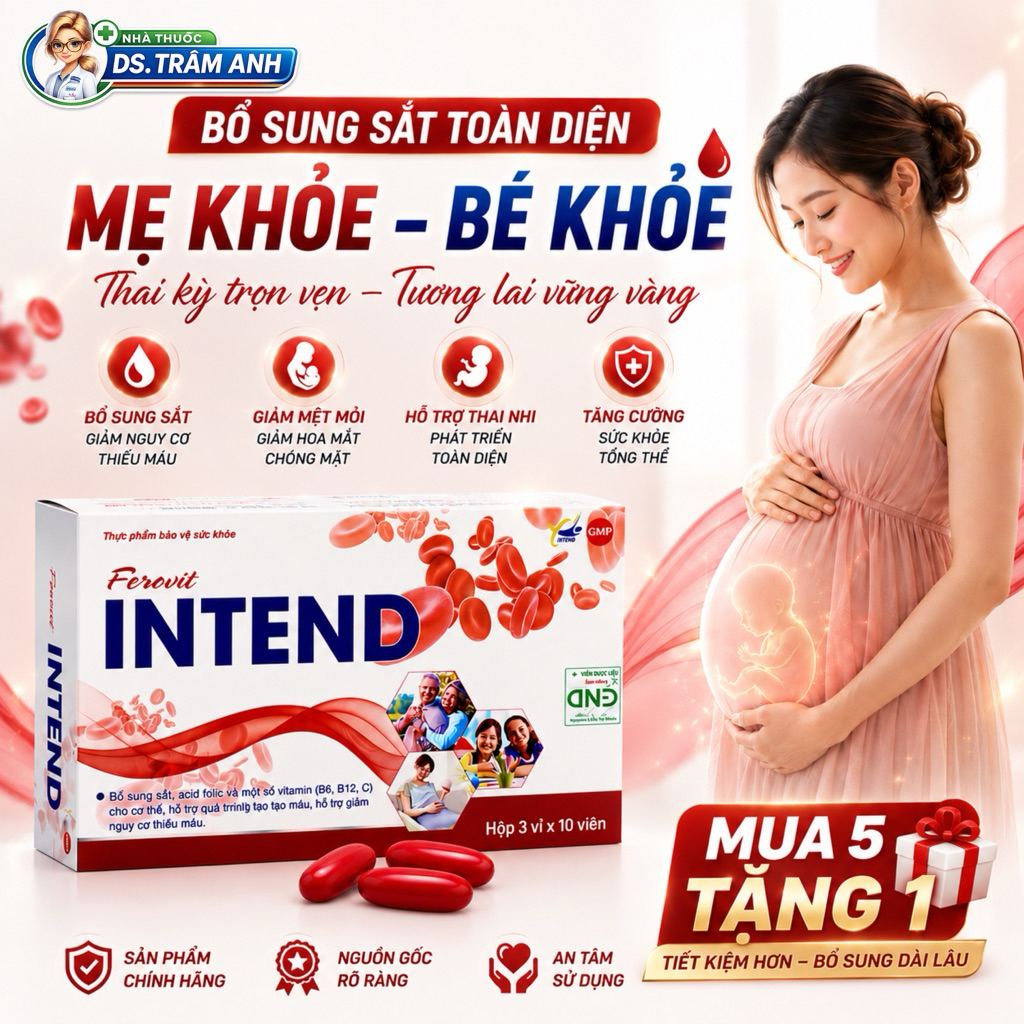 Sắt Bổ Máu Cho Bà Bầu FEROVIT INTEND – Bổ Sung Sắt, Acid Folic, Giảm Thiếu Máu - Hộp 30 Viên