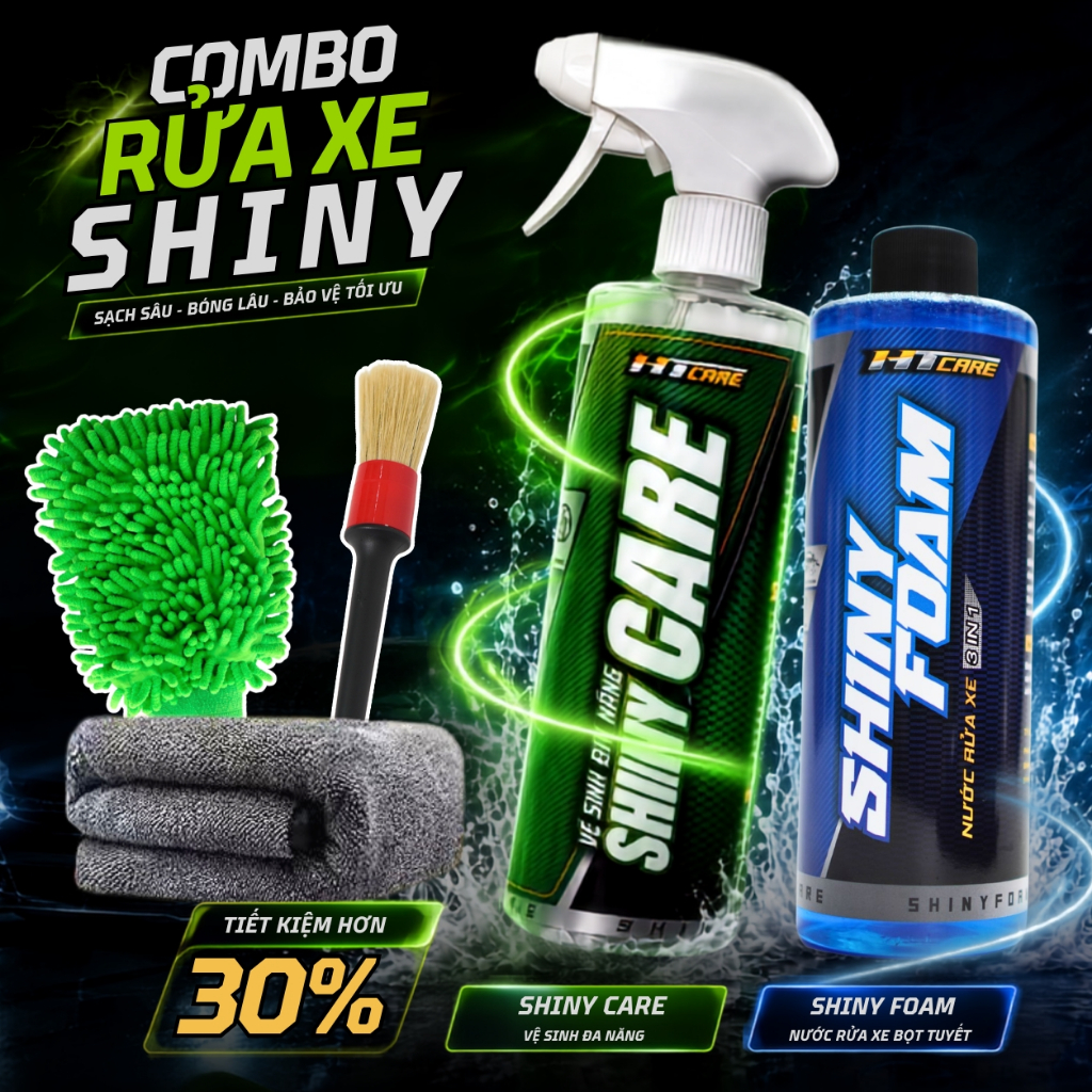 COMBO RỬA XE tại nhà SHINY FOAM, SHINYCARE đầy đủ phụ kiện dùng cho xe máy, ô tô - HTCARE