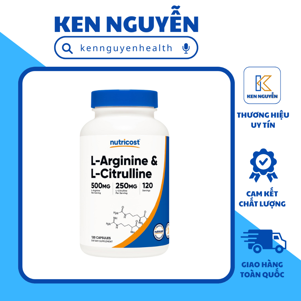 Nutricost L-Arginine & L-Citrulline Hỗ Trợ Tuần Hoàn Máu, Tăng Hiệu Suất Tập Luyện & Phục Hồi Cơ Bắp