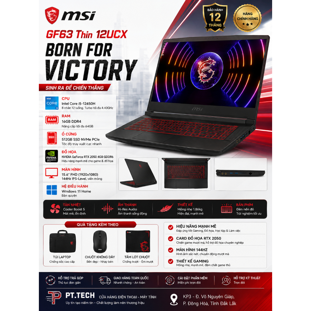 Laptop MSI Gaming GF63 Thin 12UCX i5 12450H/16GB/512GB/4GB RTX2050/144Hz/Win11 (873VN)
