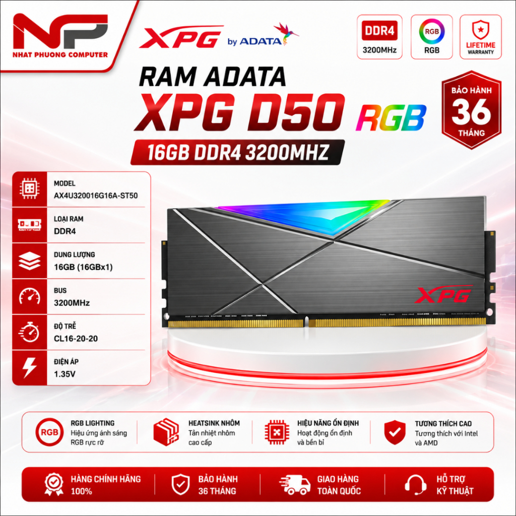 RAM DESKTOP ADATA XPG SPECTRIX D50 RGB DDR4 16GB 3200MHZ - CHÍNH HÃNG BH 36 THÁNG