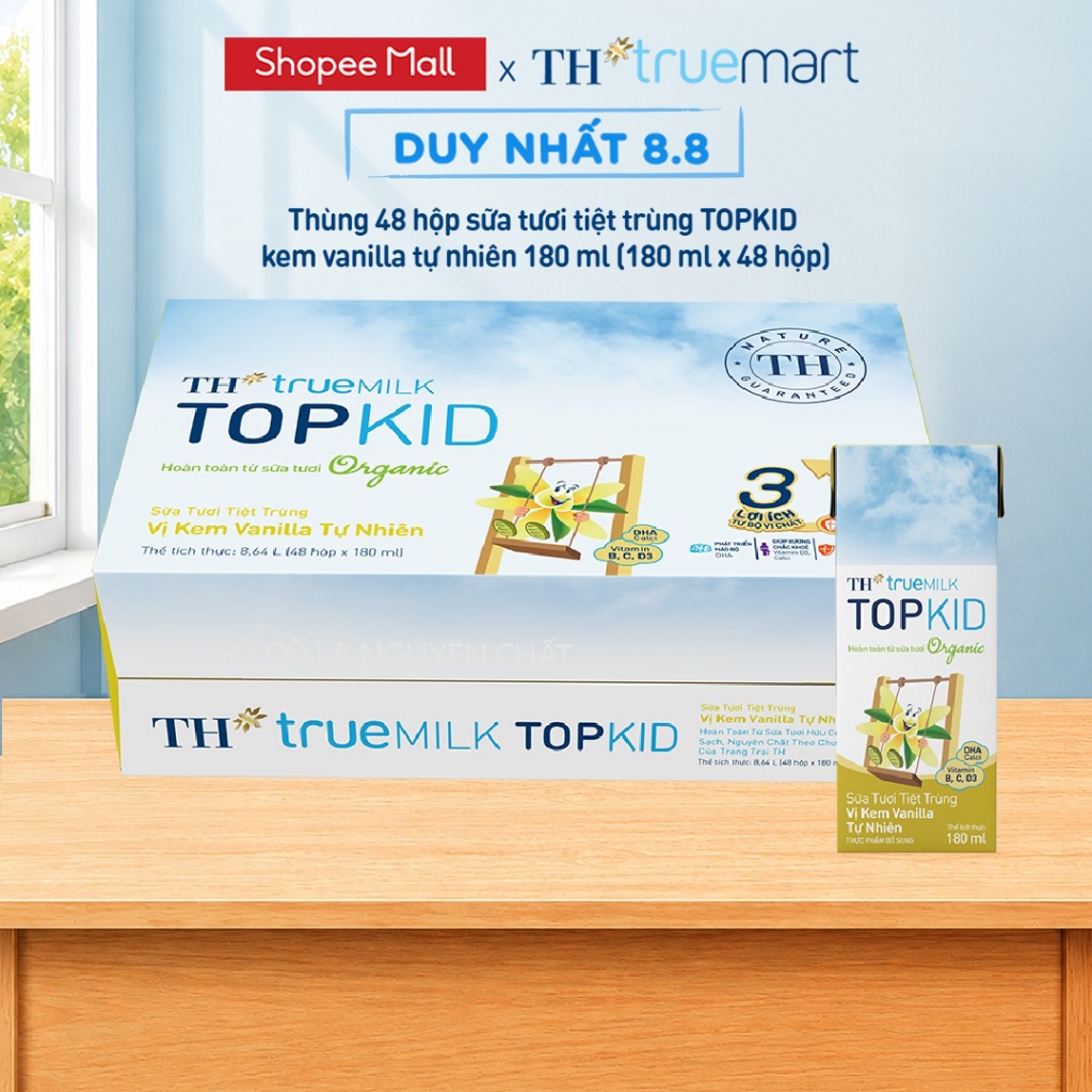 Thùng 48 hộp sữa tươi tiệt trùng TH true MILK TOPKID Organic vị kem vanilla tự nhiên 180ml (180ml x4