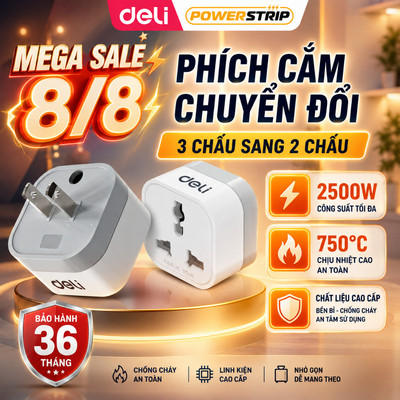 [MUA 3 GIẢM 30%] Phích Cắm Chuyển Đổi Deli, Ổ Cắm Chuyển Đổi Từ 3 Chấu Sang 2 Chấu Chuyển Đổi Đầu Sạc Cho Laptop