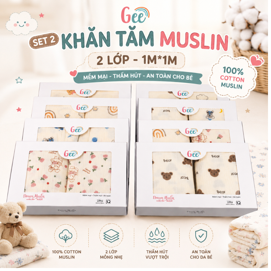 Set 2 khăn tắm muslin Gee 2 lớp, 4 lớp cho bé sơ sinh chất liệu mềm mại, kích thước 1m*1m