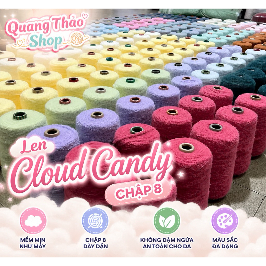 Chập 8 Len Cloud Candy 500g Siêu Mềm Mịn, Len móc khăn, áo, mũ, tui, đồ hanmade cao cấp