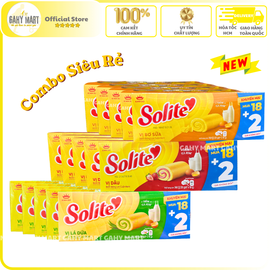 [COMBO 3/ 6 Khay] Bánh bông lan Cuộn Solite vị Lá Dứa/ Dâu/ Bơ sữa - Khay 18 gói ⚜️GAHY MART⚜️