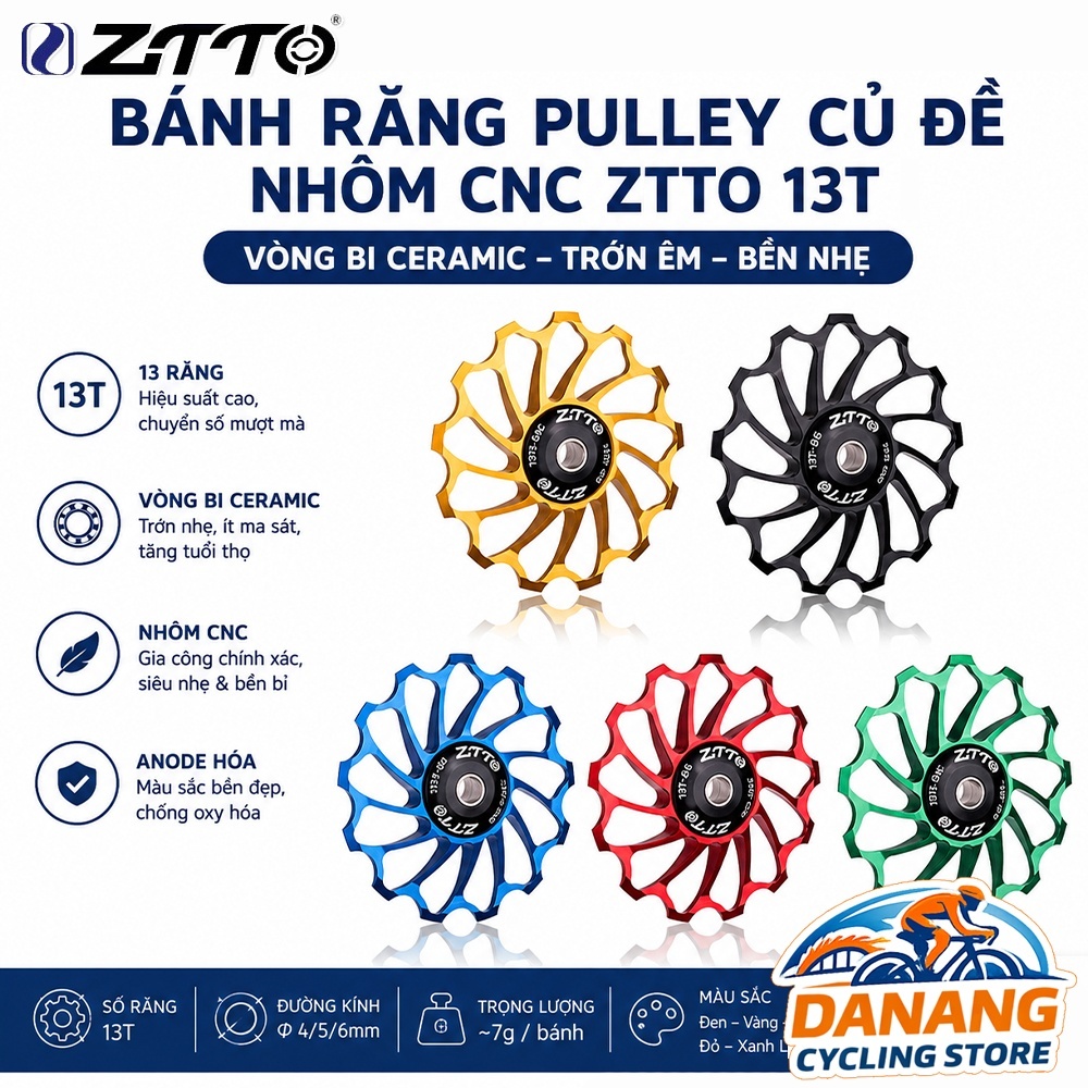 Bánh Răng Pulley Củ Đề Nhôm CNC Xe Đạp  ZiTTO 13T – Vòng Bi Ceramic, Trớn Êm, Bền Nhẹ