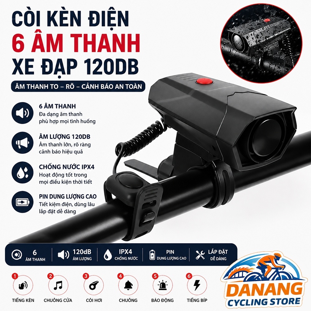 Còi Kèn Điện Xe Đạp 120dB 6 Chế Độ Âm Thanh