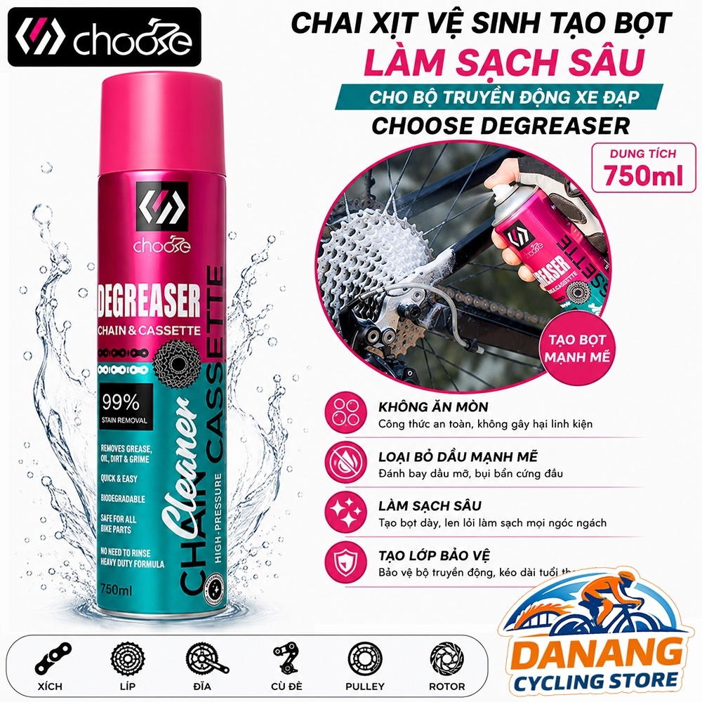 Chai Xịt Vệ Sinh Tạo Bọt CHOOSE Degreaser 750ml – Dung Dịch Tẩy Dầu Mỡ Làm Sạch Sâu Bộ Truyền Động Xe Đạp
