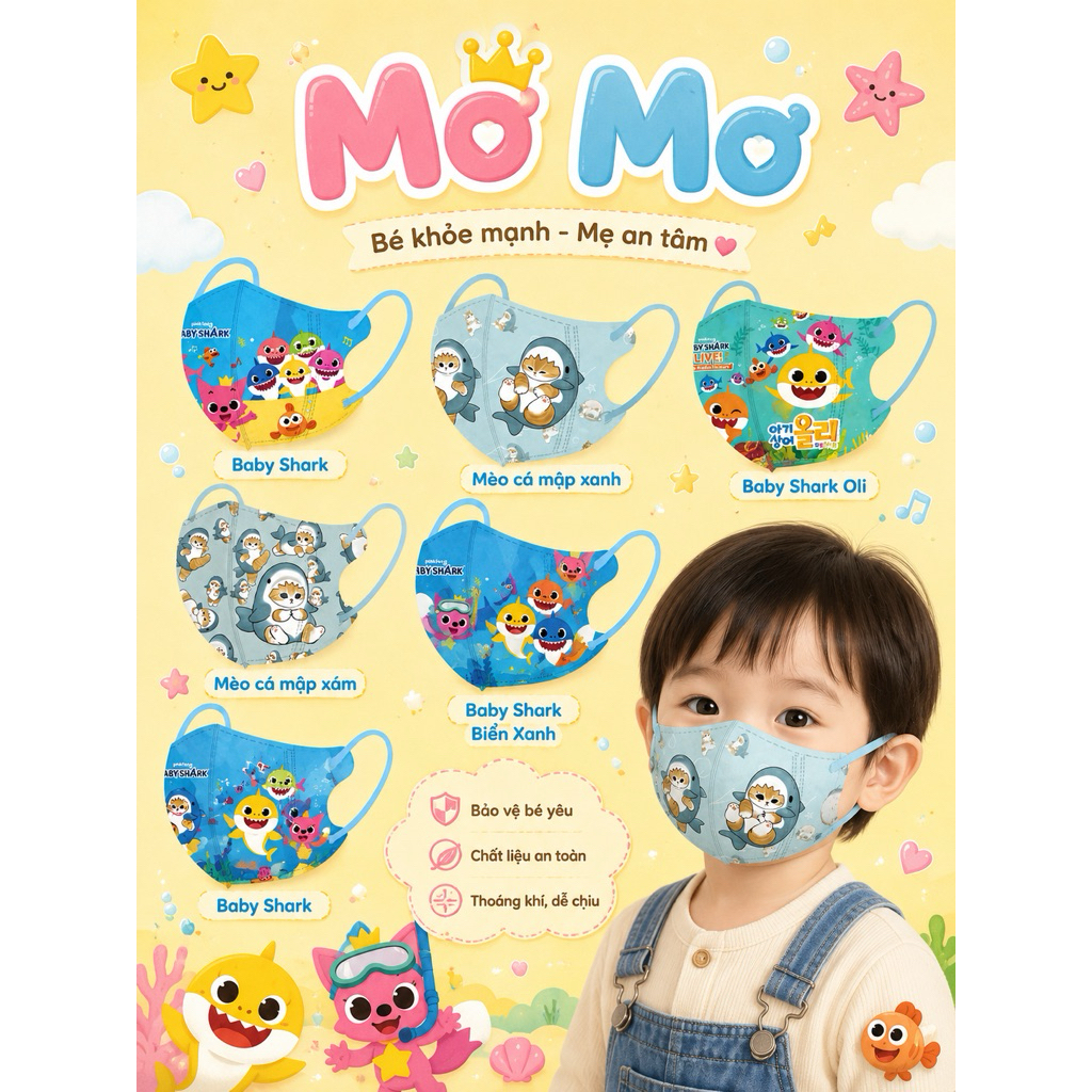 #BaBy Shark  [Túi 10cái] Khẩu trang em bé 3D in hình Baby Shark Ká Mập cho bé 0-9 tuổi (7-27kg)