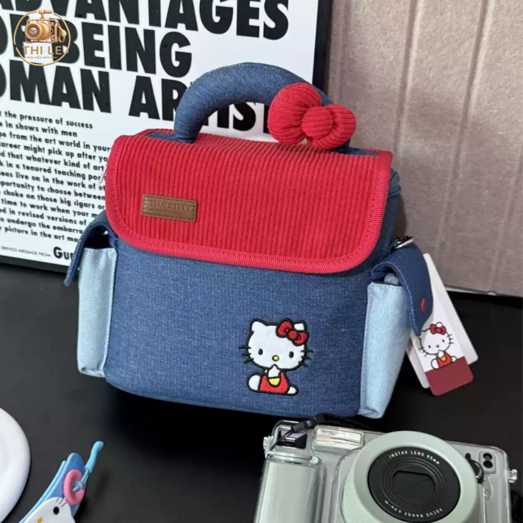 Túi Đựng Máy Ảnh Digicam / Compact / Instax Hello Kitty Vải Jean Phối Nhung Đỏ Chống Trầy Xước Dễ Th