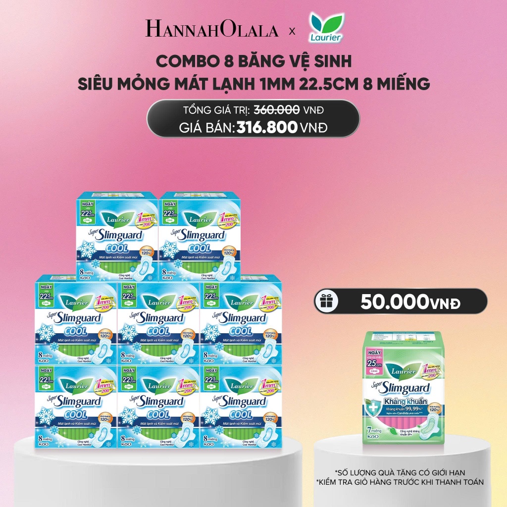 [Laurier x Hannah] Combo 8 gói Băng vệ sinh Laurier Siêu Mỏng 1mm Mát lạnh 22.5cm 8 miếng