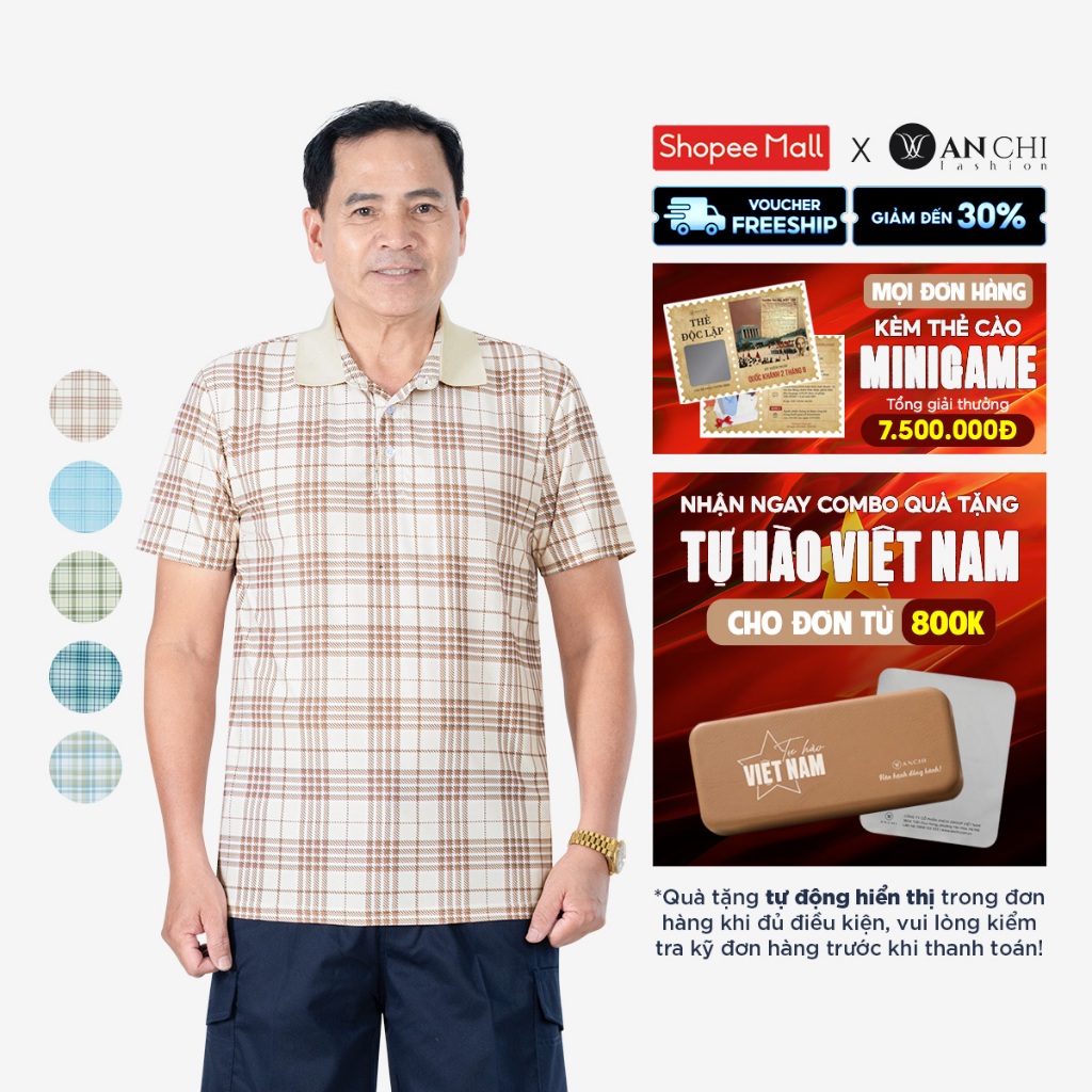 Áo polo nam trung niên họa tiết kẻ 2025 vải cotton cao cấp mềm mát không nhăn ANCHI - APL2503