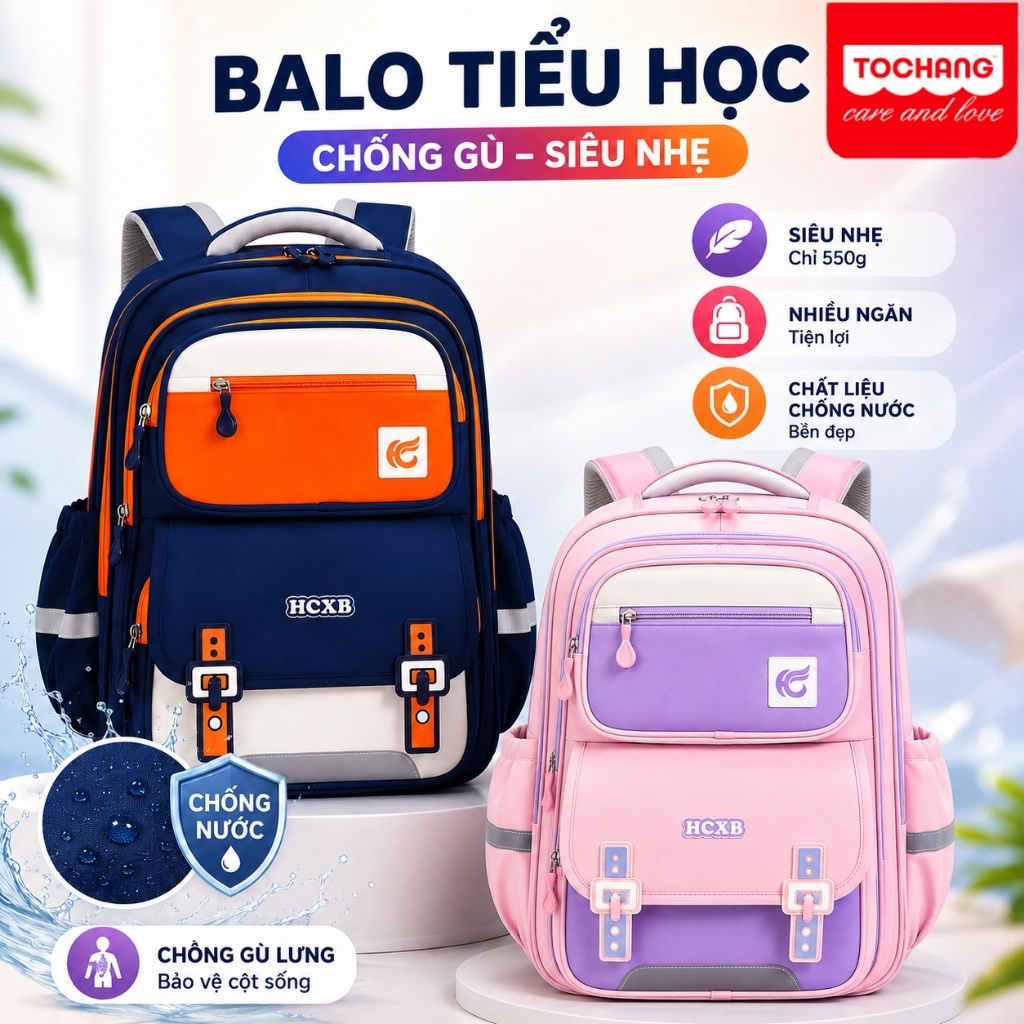 balo tiểu học chống gù siêu nhẹ nhiều ngăn chống nước cho bé lớp 1-6 TOCHANG