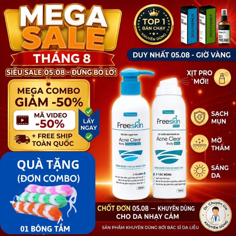 Combo Xịt Viêm Nang Lông, Mụn Lưng Freeskin 80ml+Sữa Tắm+ Xịt Mờ Thâm+ Bọt Rửa Mặt Freeskin- shop He