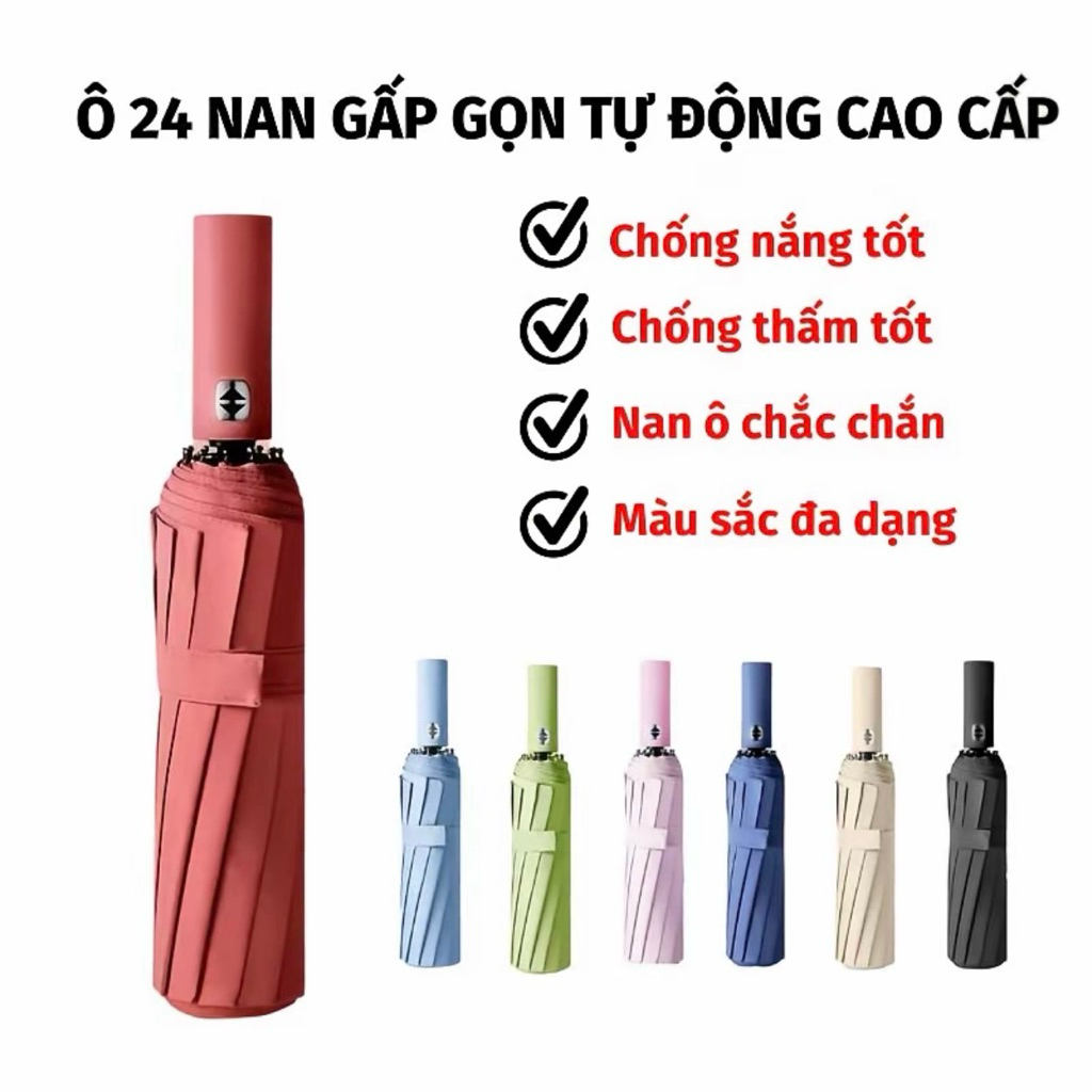 Ô Dù Tự Động Gấp Gọn 24 Nan(12 NAN KÉP) Chống Nắng Mưa, Chống Tia UV Cao Cấp - Ô Dù Gấp Gọn.