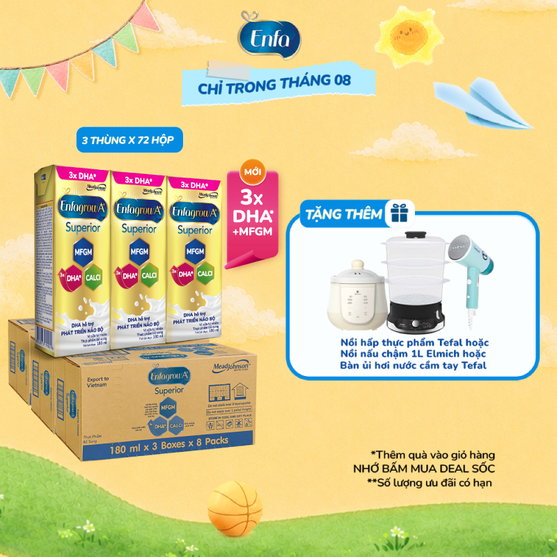 Combo 3 Thùng 24 Hộp Sữa Pha Sẵn Enfagrow A+ Superior 180ml với DHA Hỗ Trợ Phát Triển Não Bộ Cho Trẻ