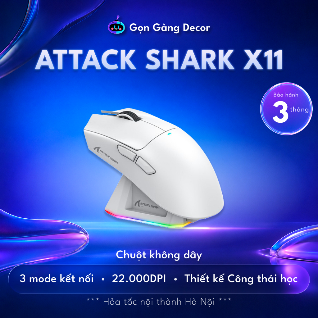 Chuột Không Dây Bluetooth Attack Shark X11 Chip PRO PAW3311 Có Dock Sạc LED, 22000 DPI Gọn Gàng Shop