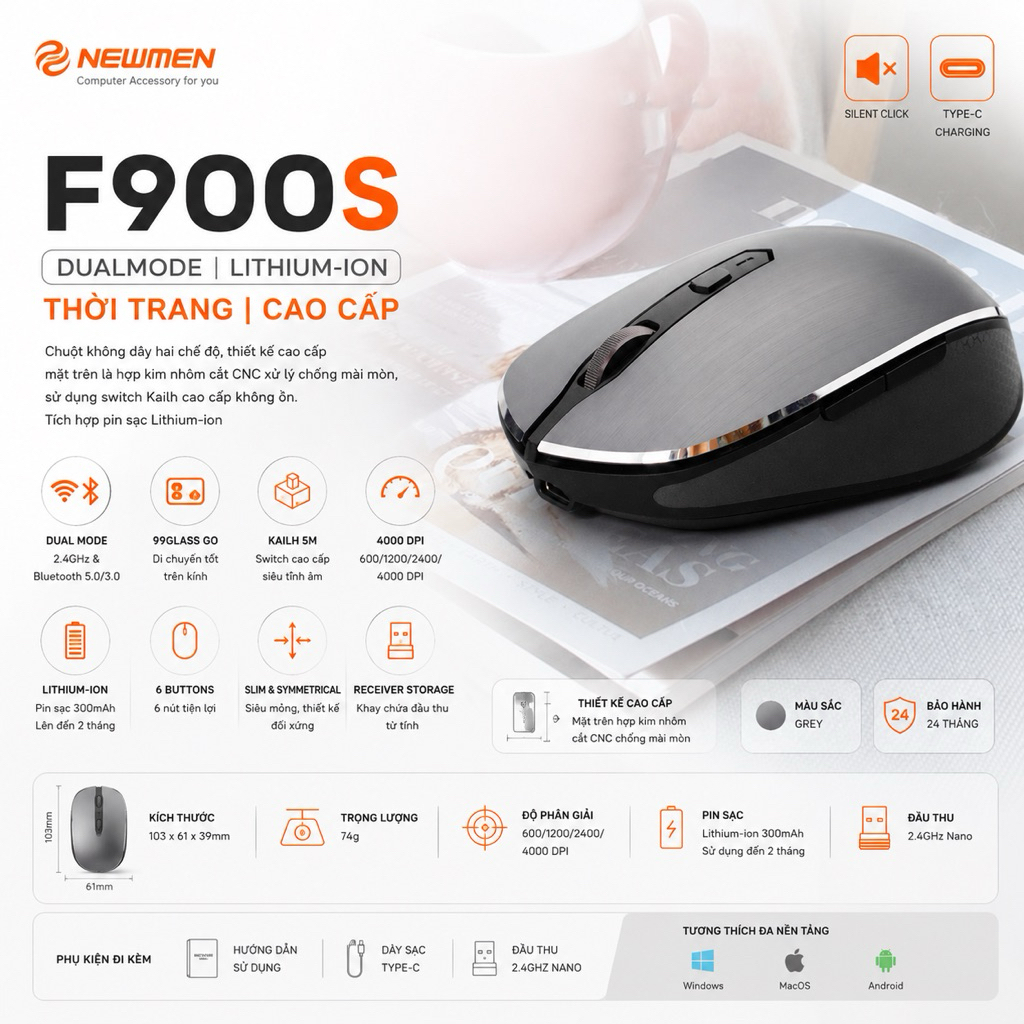 Chuột Newmen F900S Dualmode - Siêu tĩnh âm, Không dây, Giải trí, Văn phòng