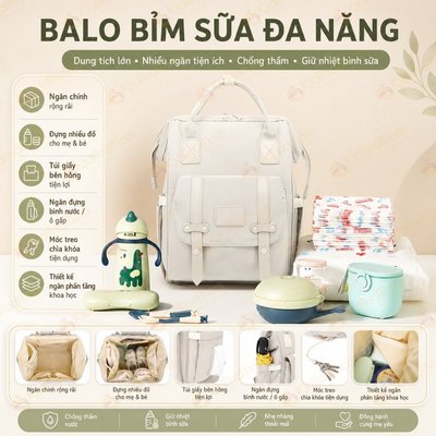Balo túi đựng bỉm sữa cho mẹ & bé KidAndMom CareFreeFox giữ nhiệt bình sữa 13 ngăn chống thấm