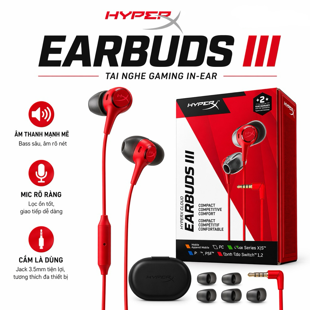 Tai nghe HyperX Cloud earbuds 3 chuyên giành cho game thủ Pugb, FF