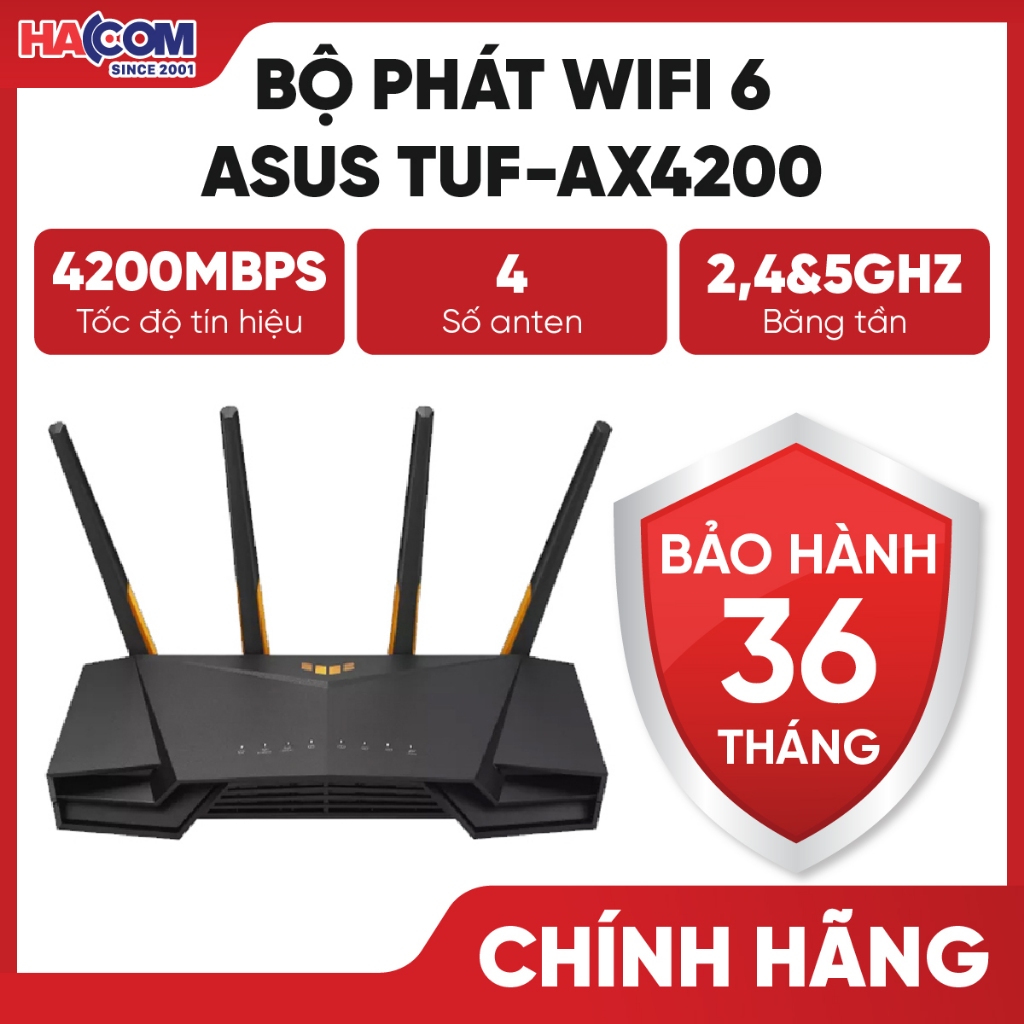 Bộ Phát Wifi 6 Asus TUF Gaming AX4200 AX4200Mbps/4 Ăng-Ten/Wifi Mesh/Dưới 80 User - BH 36 Tháng