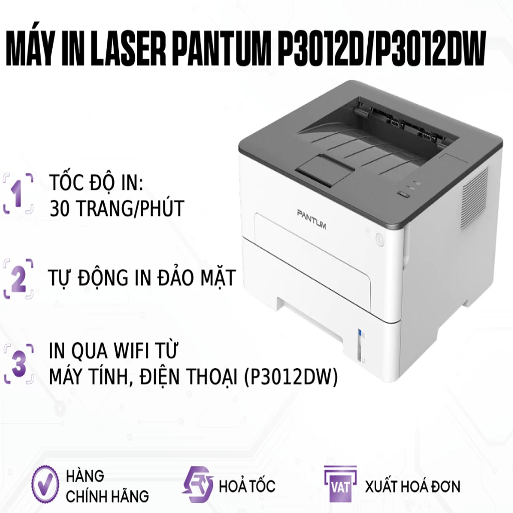 Máy In Laser Pantum P3012D / P3012DW – In 2 Mặt Tự Động, WiFi, In Qua Điện Thoại – Chính Hãng