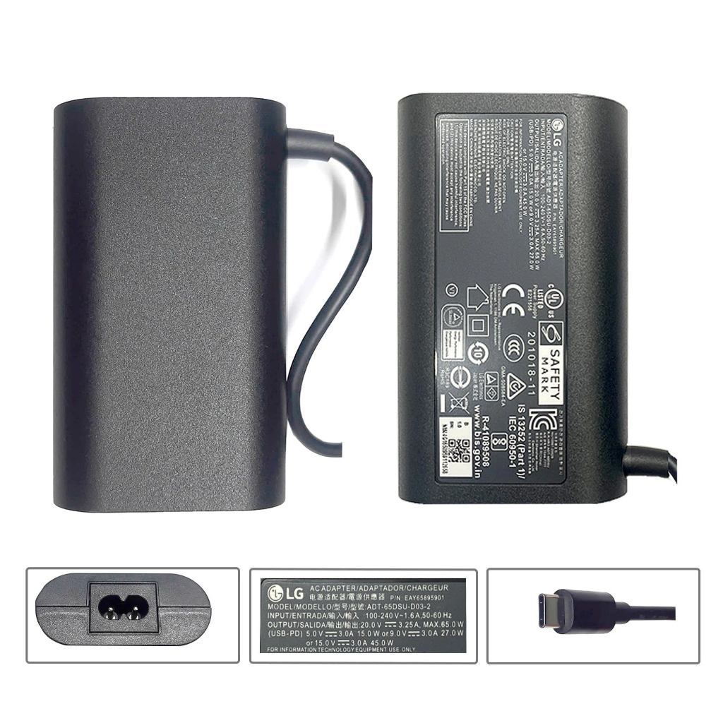 💖Sạc LG 65W 20V 3.25A chân Usb C hình Oval màu đen & LG Gram 16Z90P 17Z90P-G AA74C (ORG +)