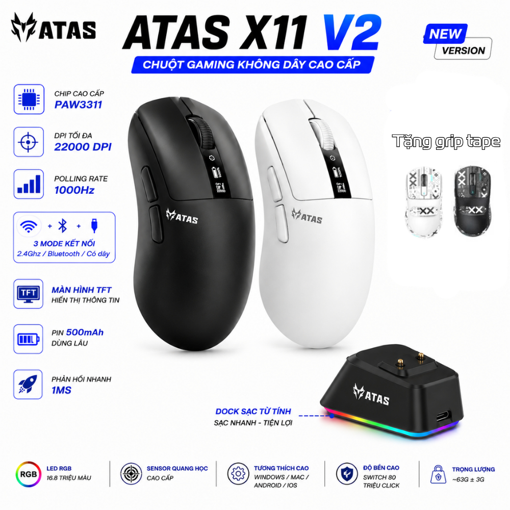 Chuột gaming không dây ATAS X11 - 3 mode - Mắt đọc PAW3311 -  Hỗ trợ App macro - Dock sạc - Màn hình TFT - DPI 24000