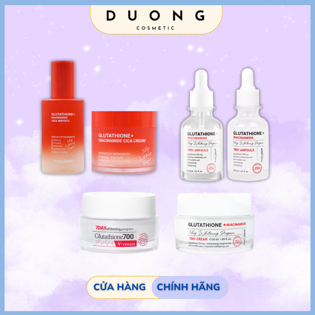 Combo Serum&Kem Dưỡng Angel's Liquid Glutathione 7DAY& 700 V-Ampoule và Glutathione Niacinamide Cica
