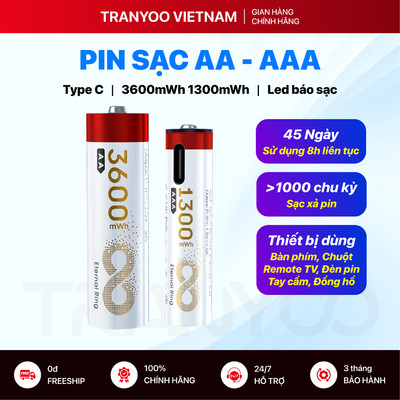 [DEAL MỞ BÁN] Pin Sạc 2A 3A TRANYOO 1.5V Type C 1300mWh 3600mWh Có LED Cho Chuột Bàn Phím Remote
