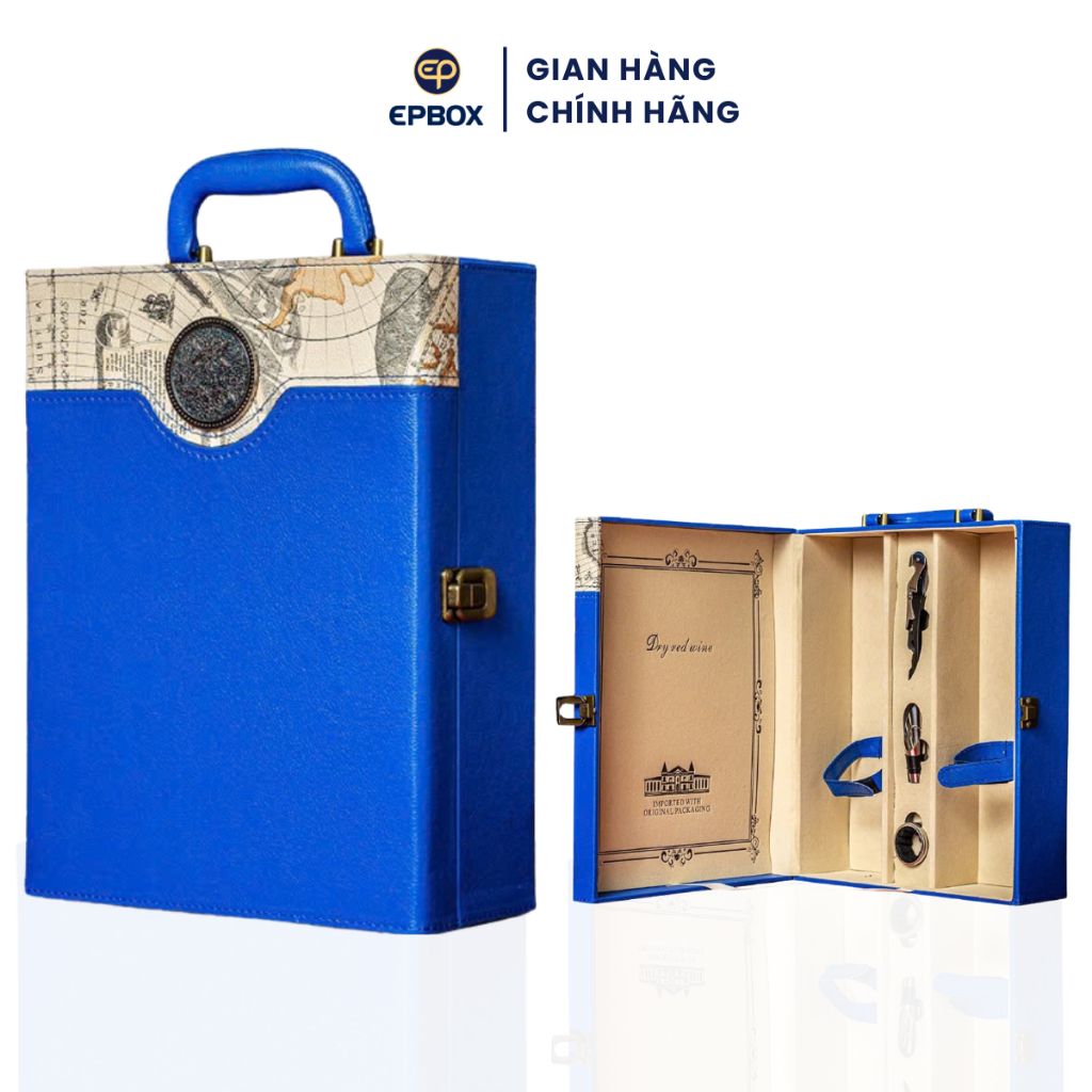 Hộp Đựng Rượu Vang Da Đôi Epvina Box Họa Tiết Bản Đồ Trắng Đựng 2 Chai Vang 750ml