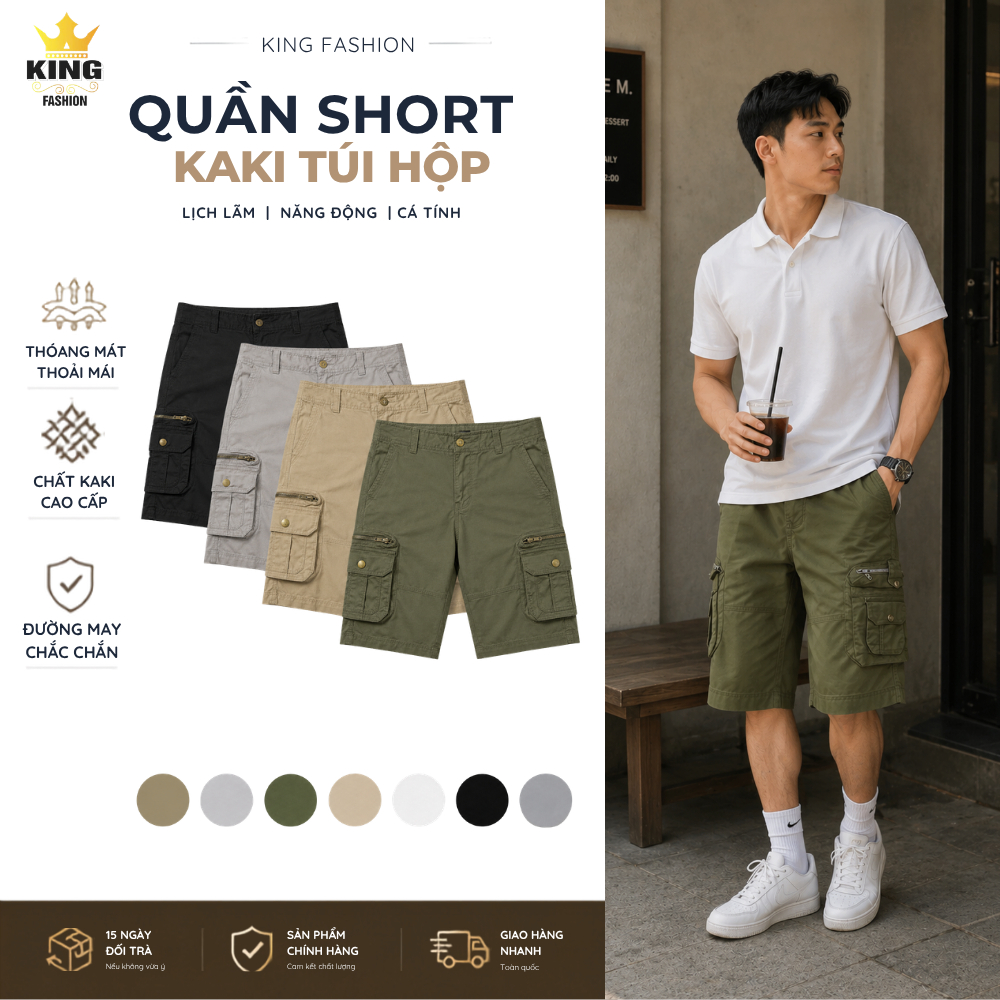 Quần Short Cargo Nam KING Fashion Vải Kaki Túi Hộp 6 Túi Form Suông Trẻ Trung KK-QSTH
