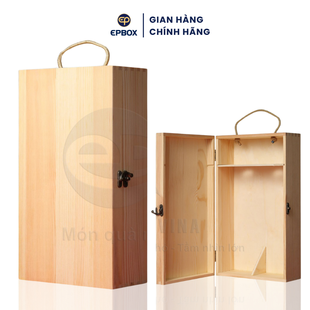 [In Theo YC] Hộp Gỗ Đôi Đựng Rượu Gỗ Thông Có Dây Thừng Quai Xách Chắc Chắn Epvina Box