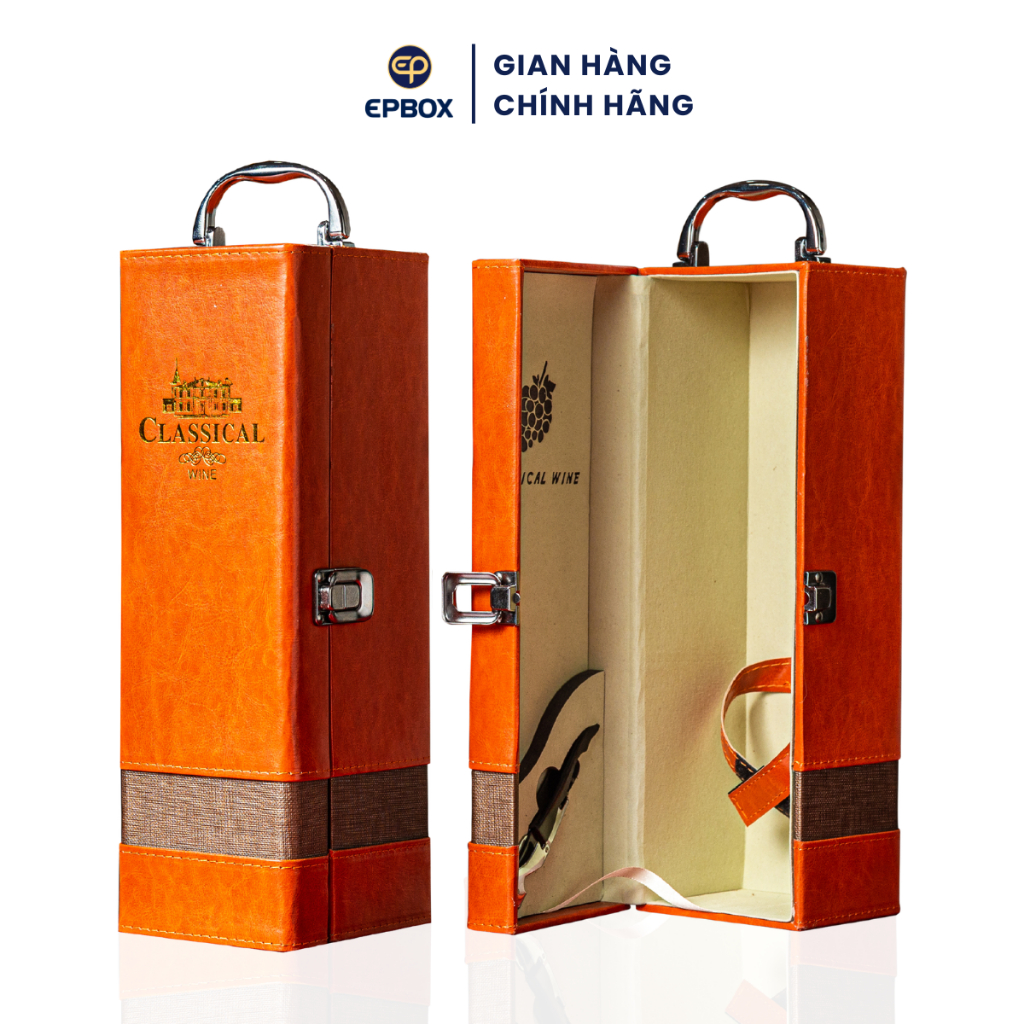 Hộp Đựng Rượu Vang Da Đôi Epvina Box Màu Cam Viền Nâu 1 Phụ Kiện