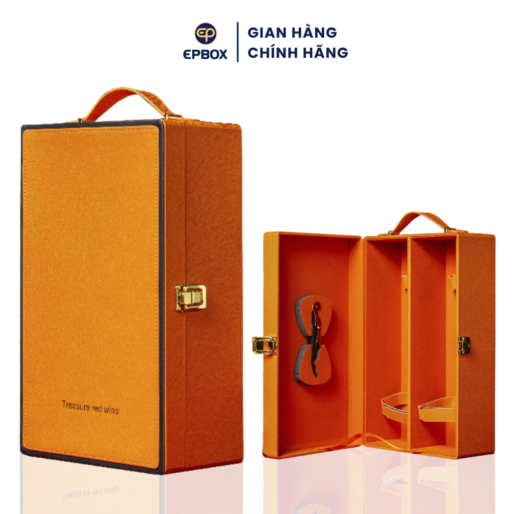 Hộp Đựng Rượu Vang Da Đôi Epvina Box Phối Viền Kẻ Sang Trọng Trơn 2 Màu Cam, Đỏ
