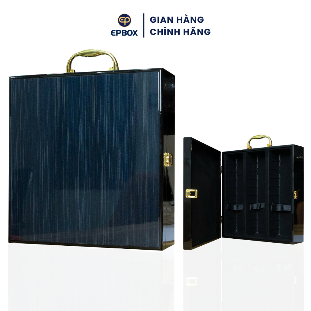 Hộp Sơn Mài Epvina Box Đựng 3 Chai Rượu Vang 750ml Màu Xanh Ánh Vân Phủ Sơn Bóng PU