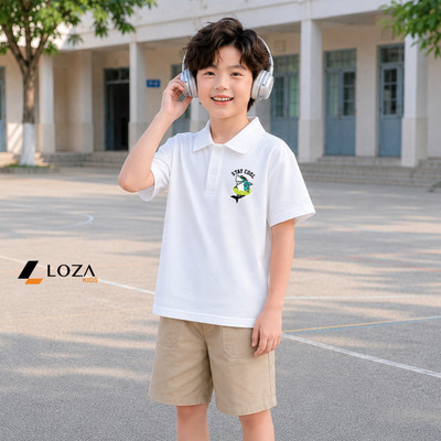 Áo polo bé trai in hình Cá mập cho bé đi học đi chơi, size từ 15-40kg chất liệu thun cotton 4 chiều - Loza Kids PL3644