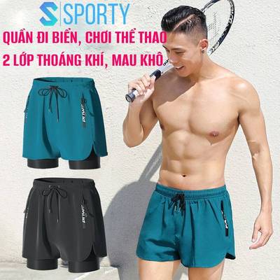Quần bơi nam, đi biển, chơi thể thao 2 lớp SPORTY QB3 vải pha không phai, thoáng khí, mau khô