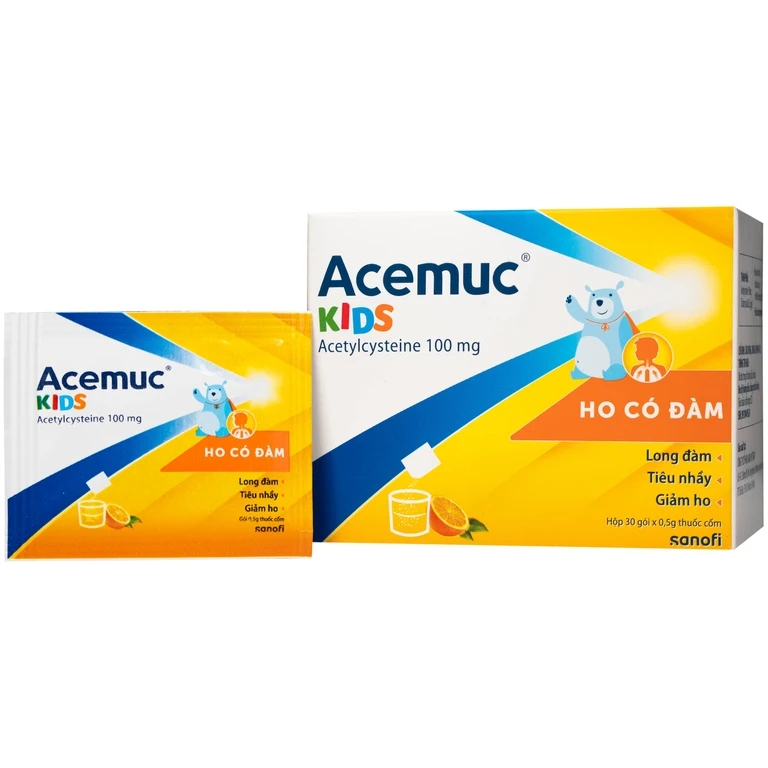 Acemuc Kids - Thuốc ho long đờm tiêu nhầy hỗ trợ giảm ho hiệu quả cho bé - 100mg (Hộp 30 gói x 0,5g)