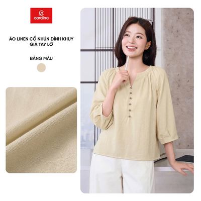 Áo kiểu nữ CARDINA chất liệu linen cổ nhún đính khuy giả tay lỡ 6AKL02