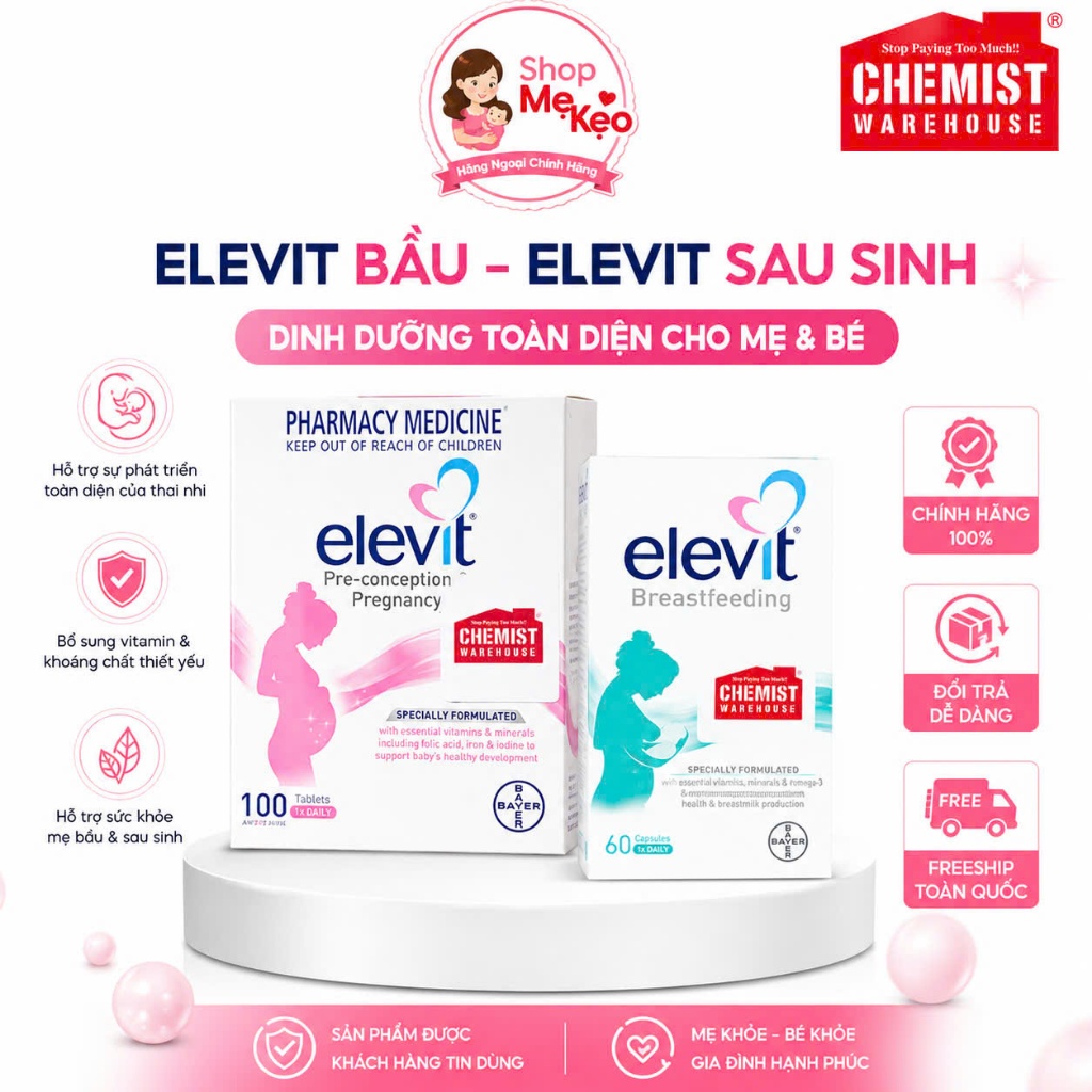 Combo Elevit Bầu 100 viên & Elevit sau sinh 60 viên - Multivitamin và khoáng chất cho bầu & sau sinh