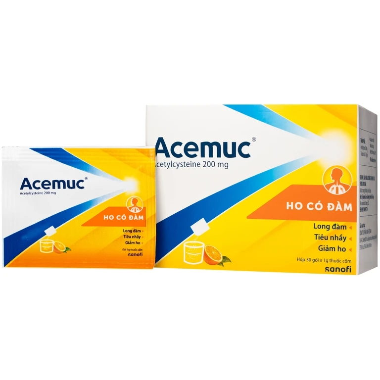 Acemuc - Thuốc ho long đờm tiêu chất nhầy đường hô hấp cấp và mãn tính - 200mg (Hộp 30 gói x 1g)