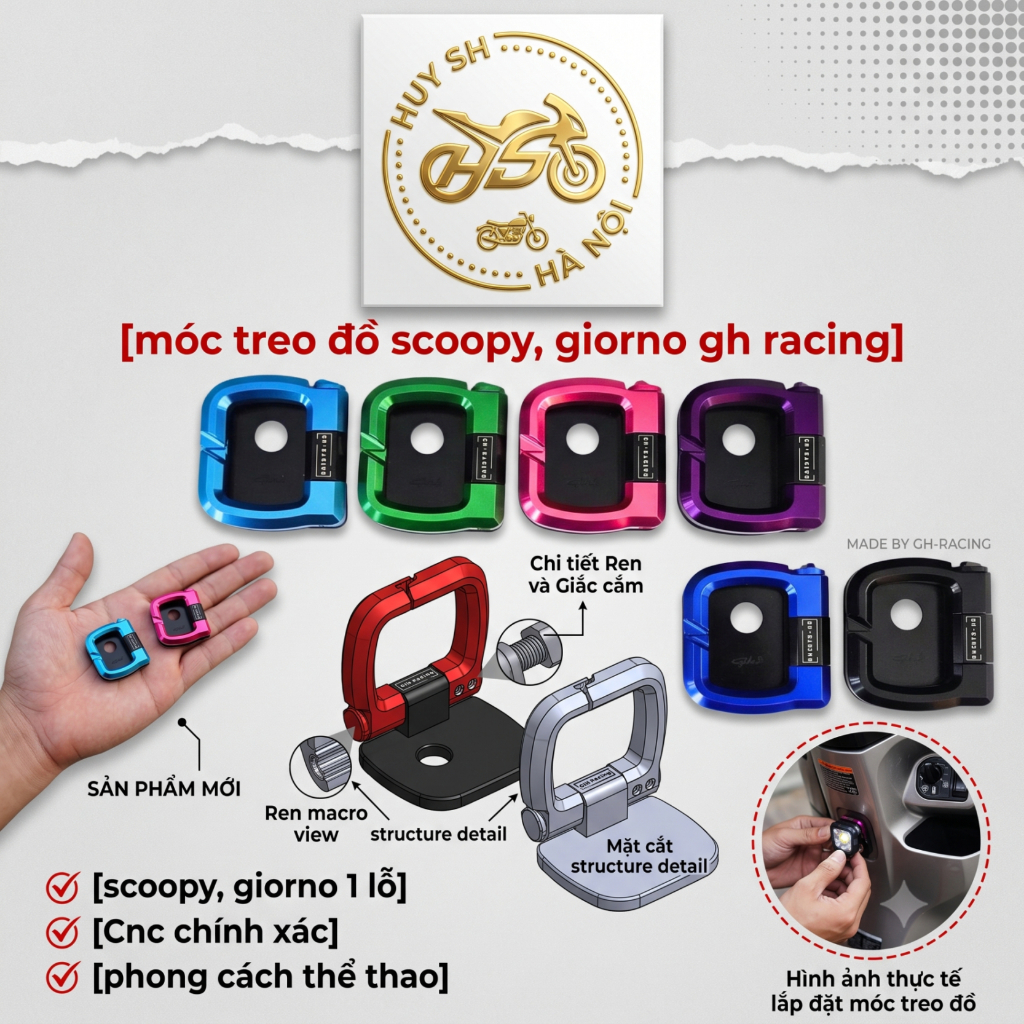 Móc treo đồ CNC GHracing gắn GIORO 125 SCOOPY- phụ kiện thay thế