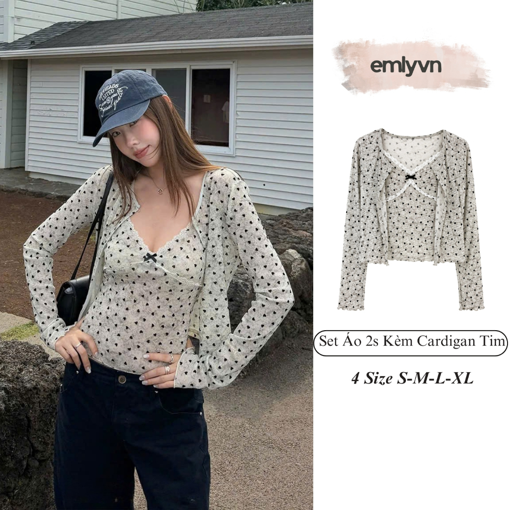 Set 2 Món Áo 2s Dây Kèm Cardigan Tim Nữ EMLYVN Phối Ren Nơ, Set Áo Nữ 2 Món Mỏng Mềm Co Dãn 4 Chiều