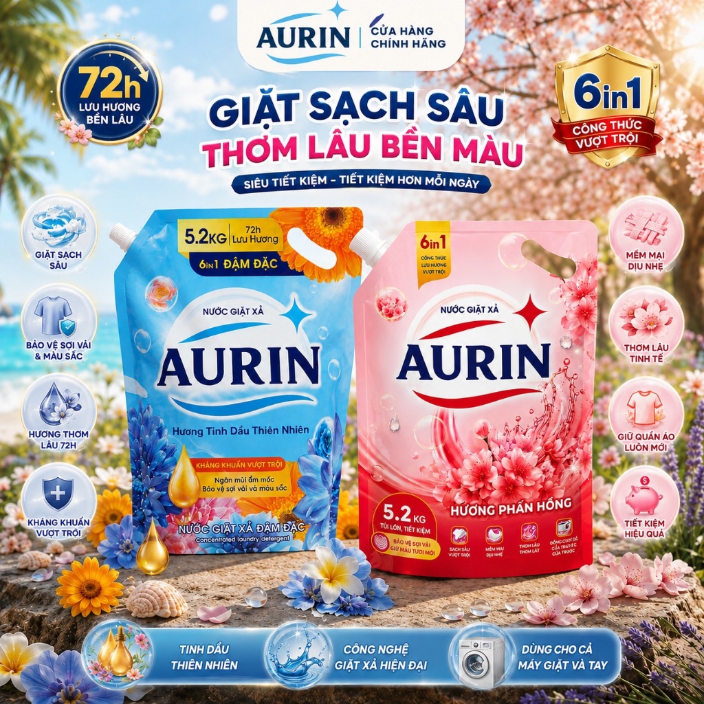 [10.4KG 2 TÚI] Nước Giặt Xả Lưu Hương AURIN Tinh Dầu Thiên Nhiên, Sạch Sâu Thơm Lâu, Bền Màu, DịuNhẹ